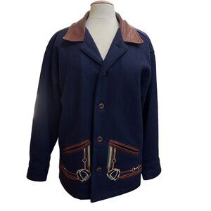Vtg The Equestrian Jacket Womens Wool Leather Navy Barn Chore Coat Moth Holes XS